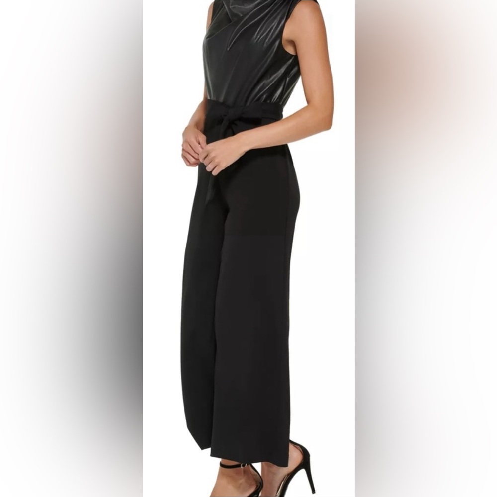 DKNY Mixed-Media Tie-Waist Jumpsuit - Picture 3 of 12
